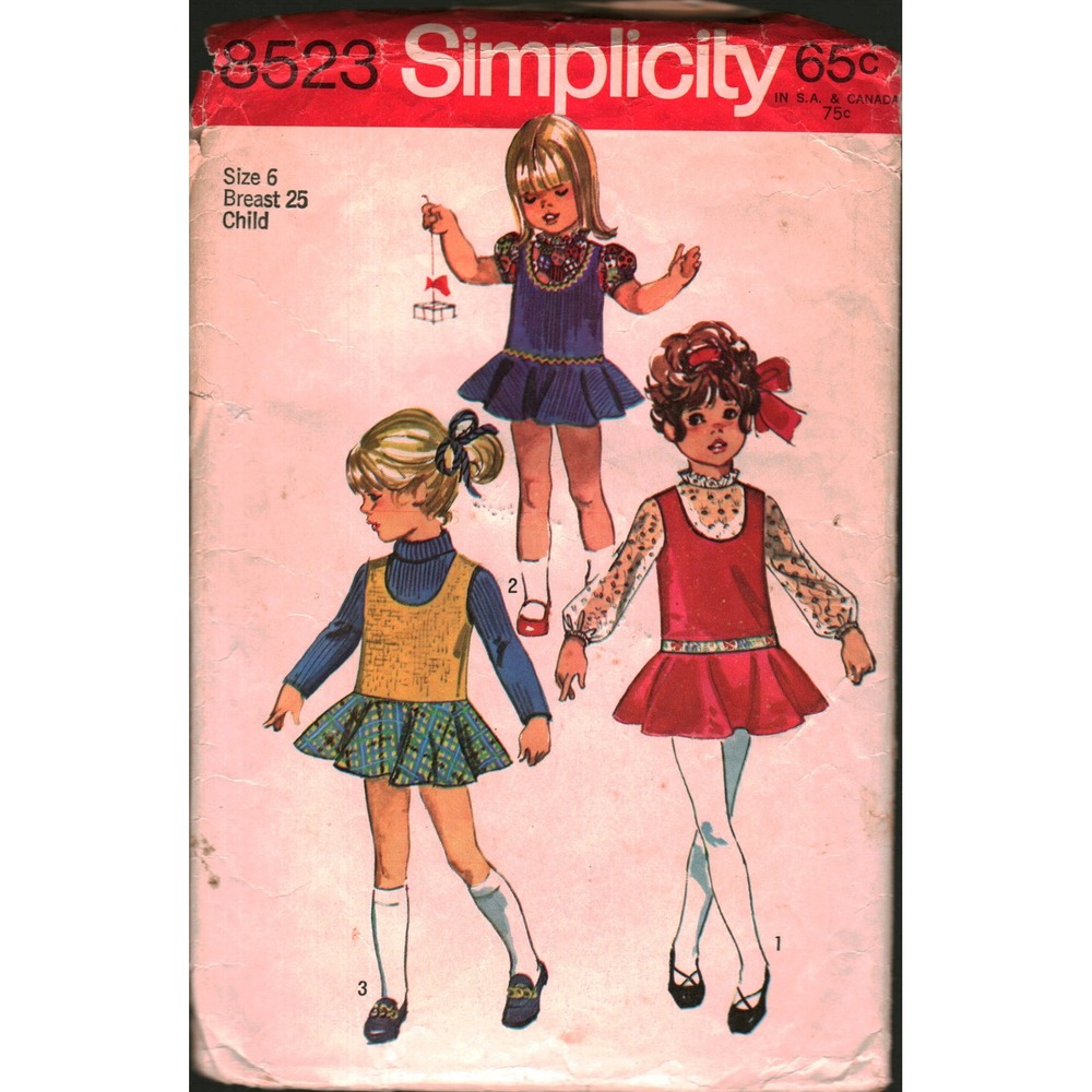 Simplicity 8523 Vintage 1969 Child Jumper‎ and Blouse Sewing Pattern Size 6